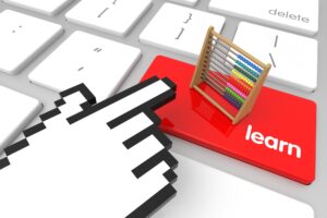 Czerwony klawisz Learn enter z kursorem w dłoni. renderowanie 3D