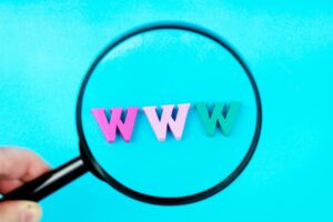 Wielokolorowe drewniane litery WWW pod lupą na jasnoniebieskim tle. Symbol Internetu World Wide Web. Kreatywna koncepcja biznesu online, rozpowszechnianie informacji przez Internet.