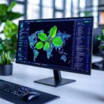 Ładny panel technologiczny przedstawiający związek między zapasami zapasów a wskaźnikami wydajności mediów społecznościowych w nowoczesnym otoczeniu biurowym