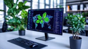 Ładny panel technologiczny przedstawiający związek między zapasami zapasów a wskaźnikami wydajności mediów społecznościowych w nowoczesnym otoczeniu biurowym