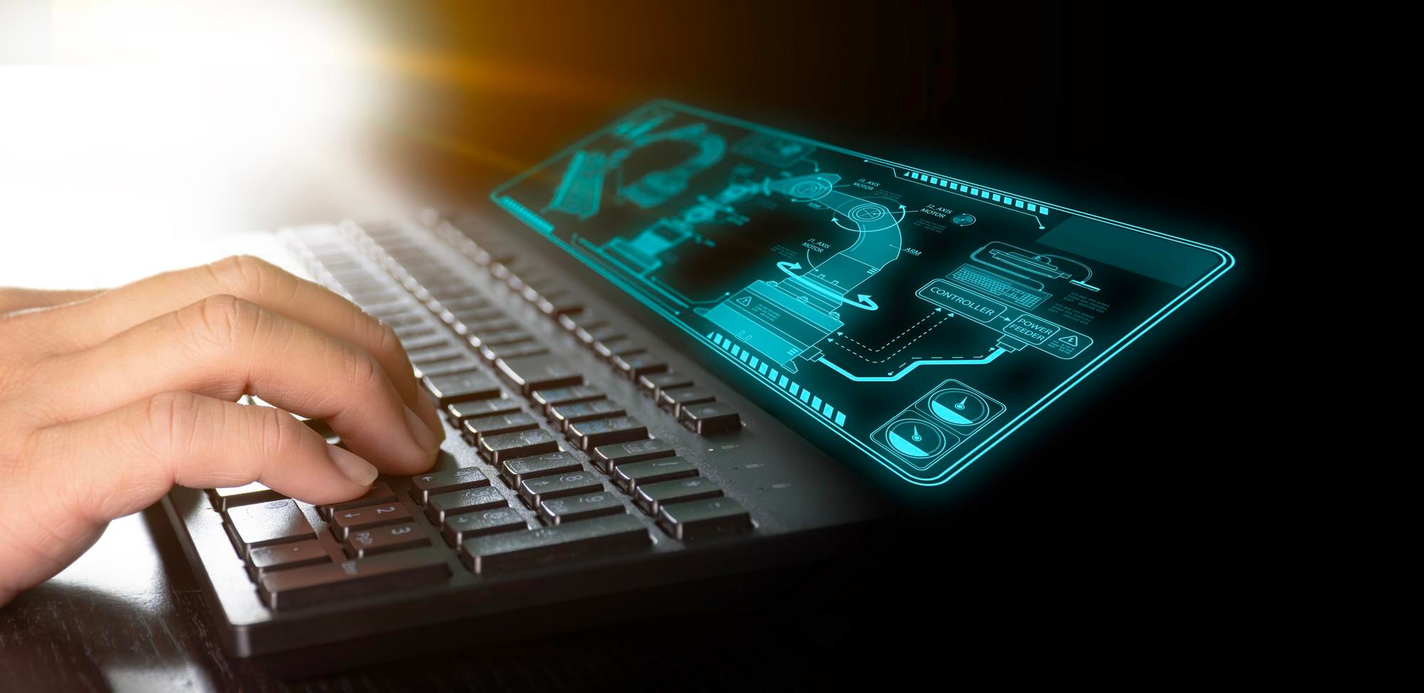 Ludzka ręka za pomocą komputera z futurystycznym ekranem hologramu przemysłu na ciemnym tle renderowania 3D